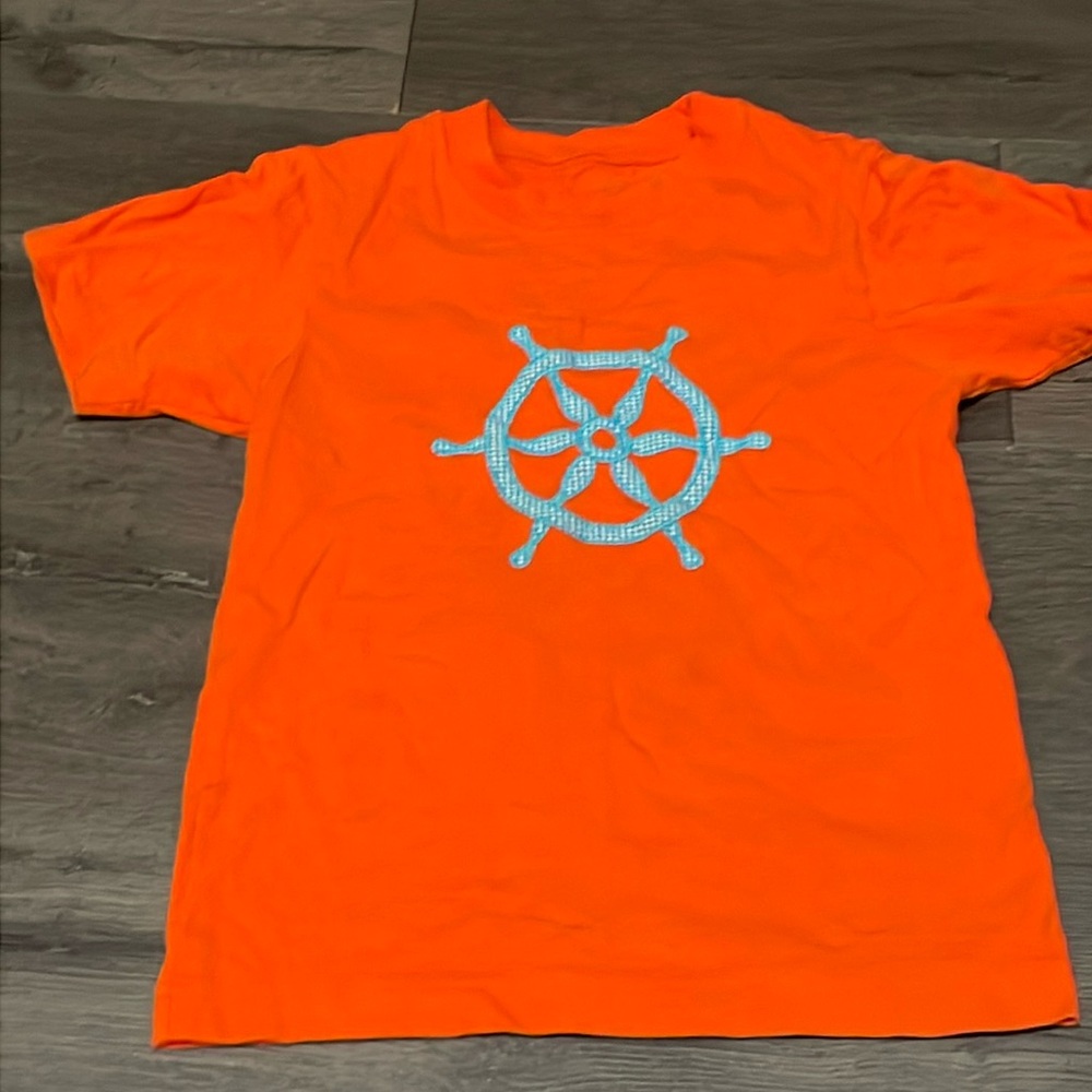 Kids orange Kelly’s Kids T shirt with Blue Gingham ships wheel embroidered decal